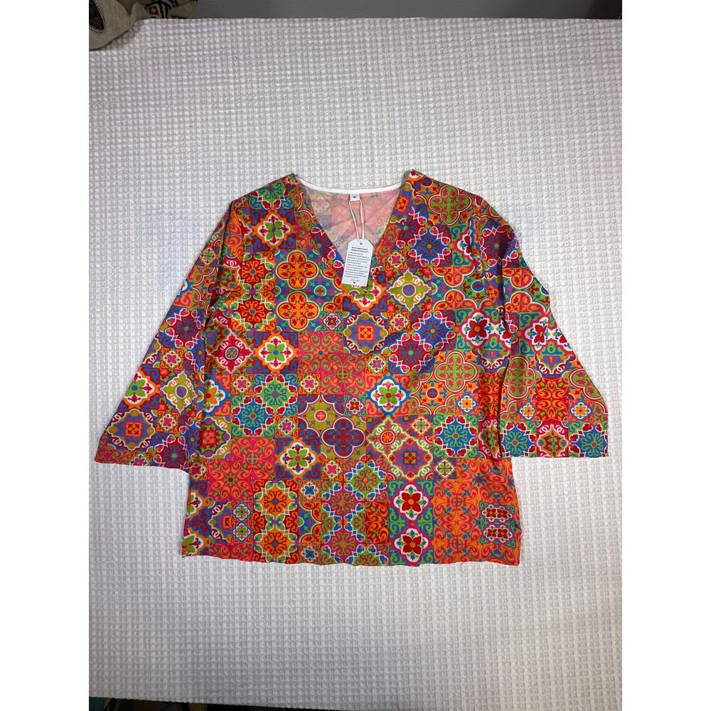 Womens Boho Tile Print Blouse XL Colorful Moroccan Tunic Top NWT 3/4 Sleeve
